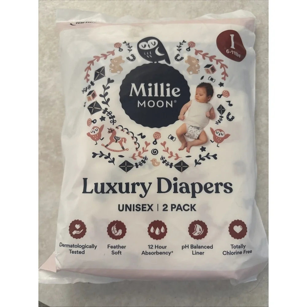 Millie Moon Diaper Sample Lot of 12 (2 Pack) Sz 1 6-11lbs Luxury Diaper Exp 5/24